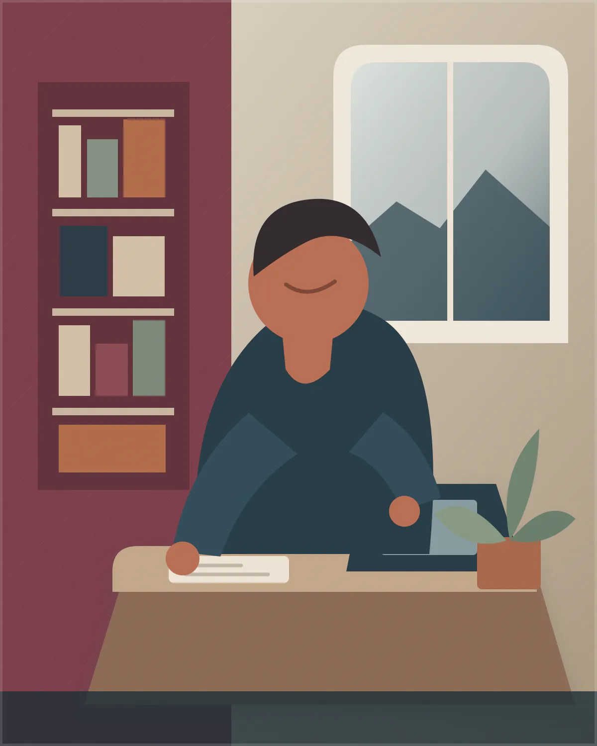 Illustration : une personne lit une feuille à un bureau, entre une bibliothèque et une fenêtre.
