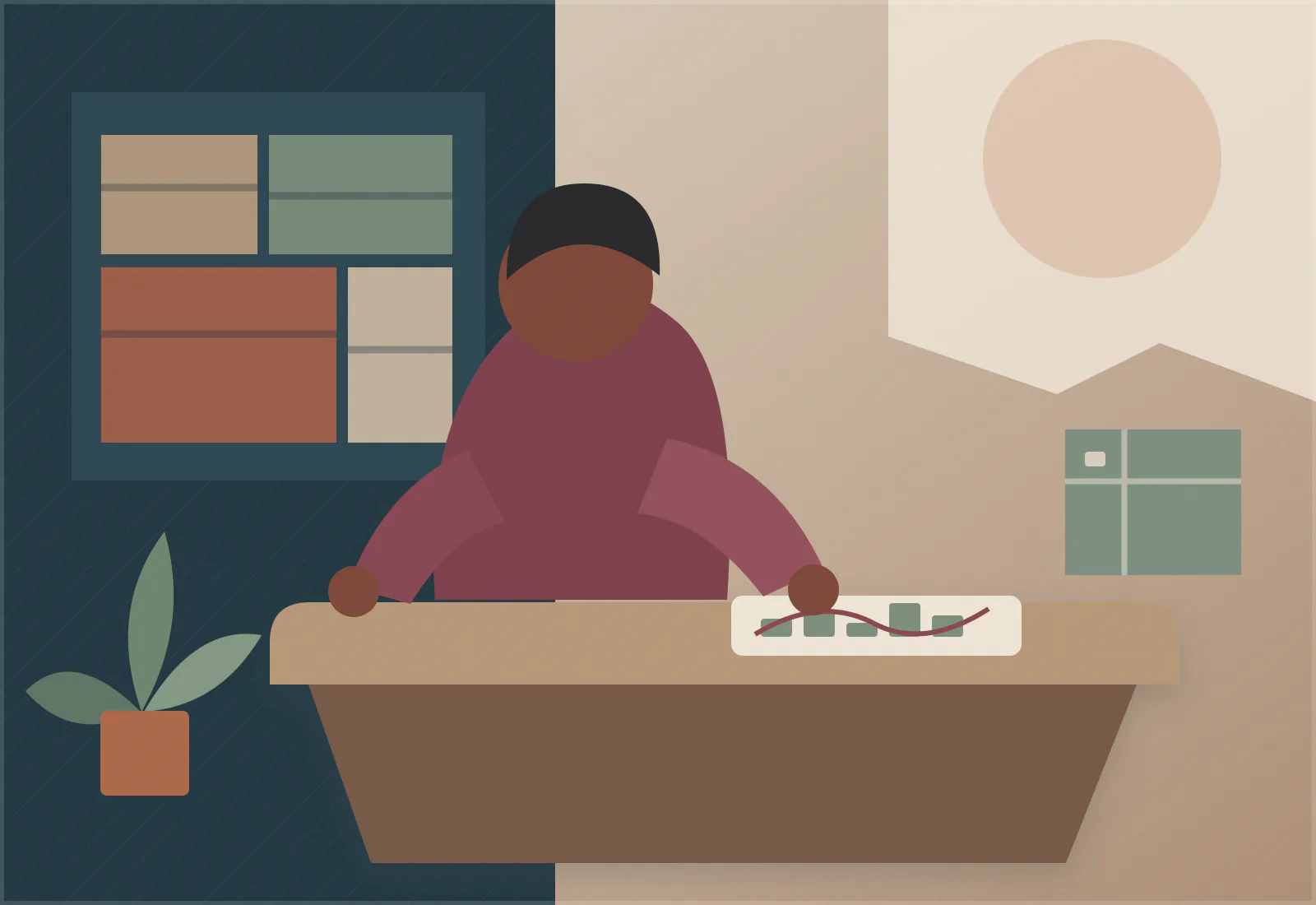 Illustration : une personne suit une courbe posée sur une feuille, dans un atelier.