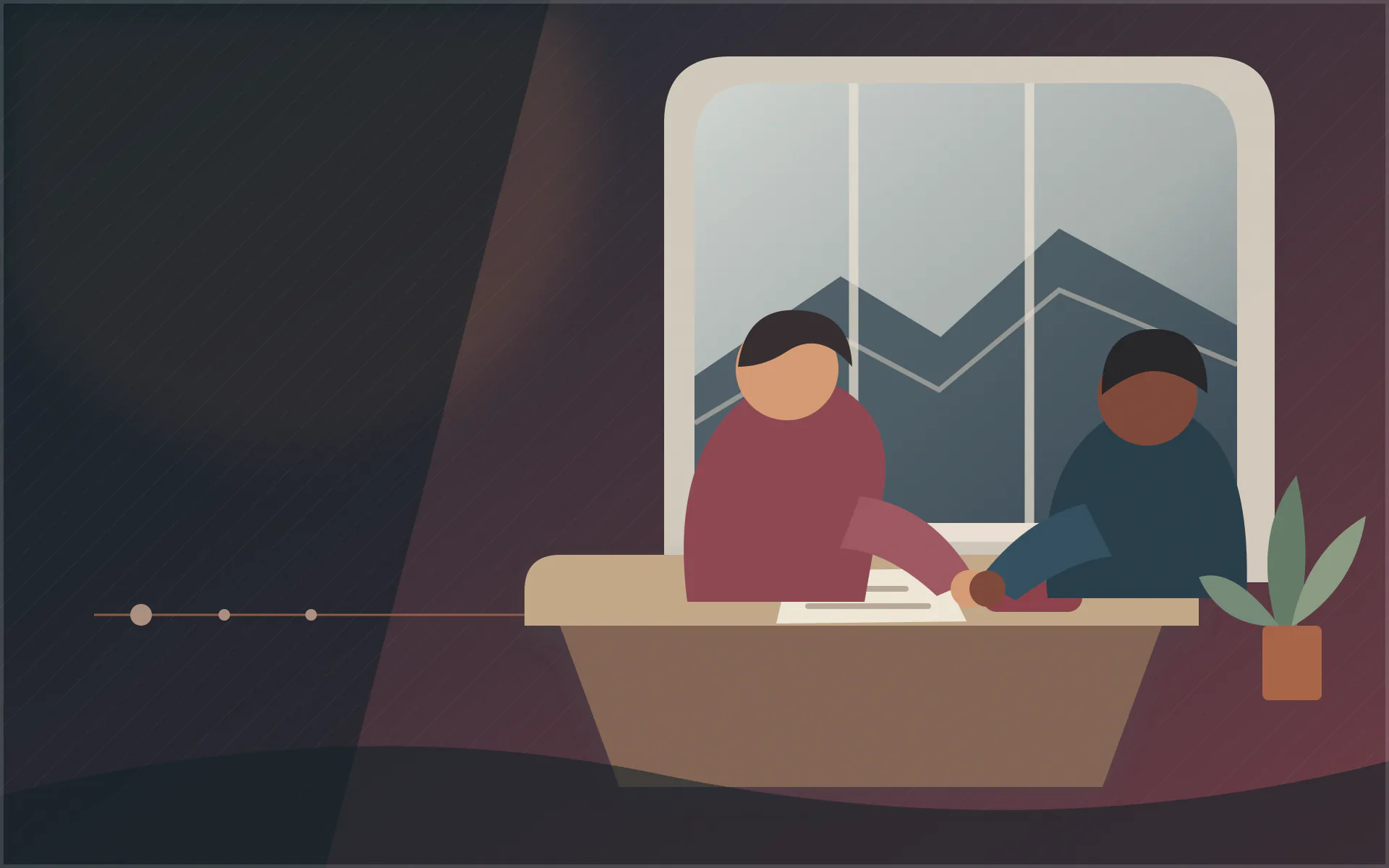 Illustration : deux personnes à une table devant une fenêtre, une feuille entre elles, un tracé en ligne dans le ciel.