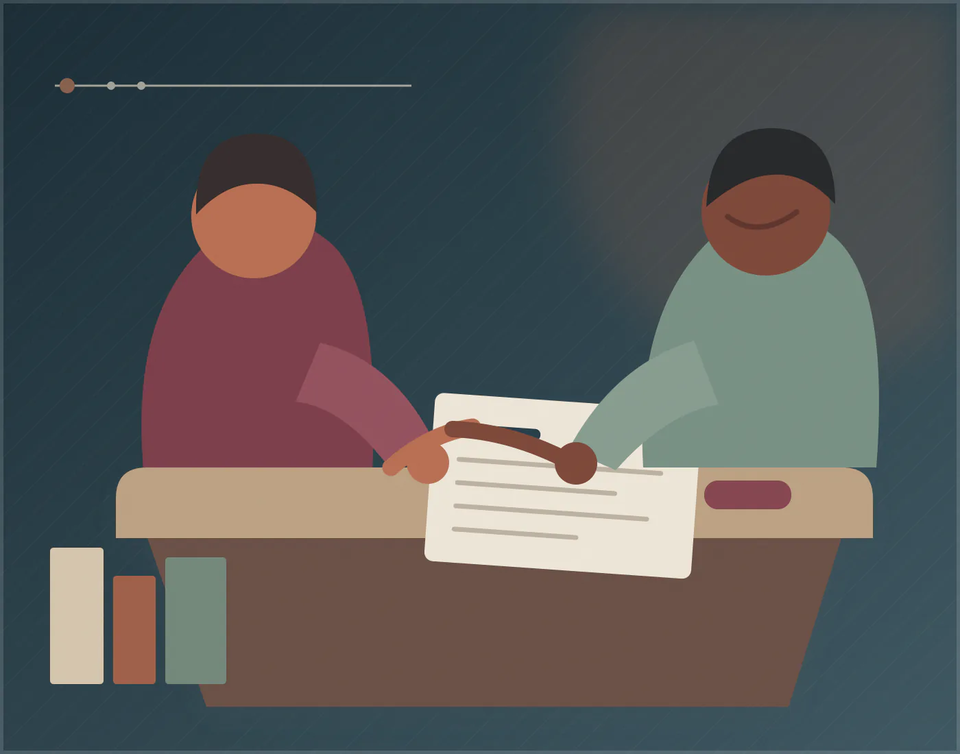 Illustration : deux personnes se passent une feuille lignée au-dessus d’un bureau, trois barres à côté.