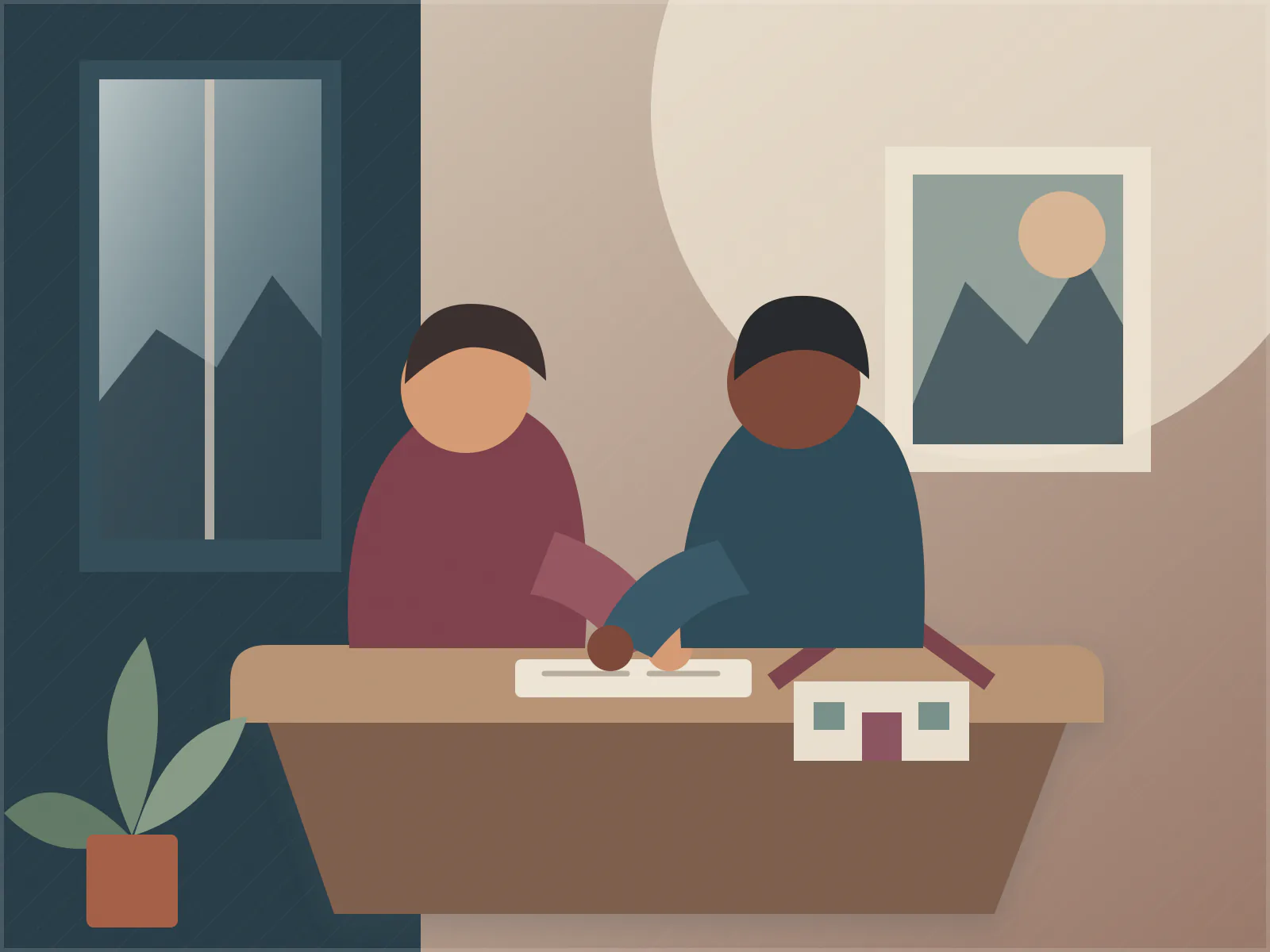 Illustration : deux personnes au-dessus d’un dossier, une petite maison sur la table.