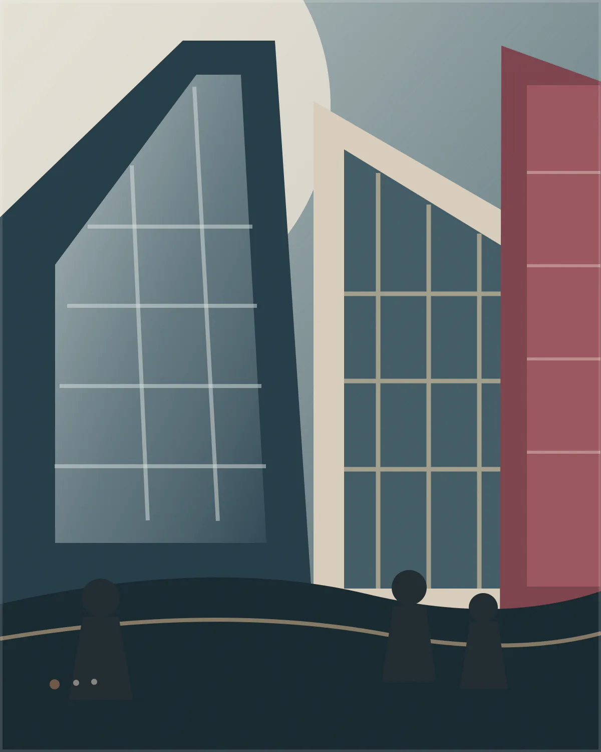Illustration : façades géométriques, grandes fenêtres et trois silhouettes sur un quai sombre.