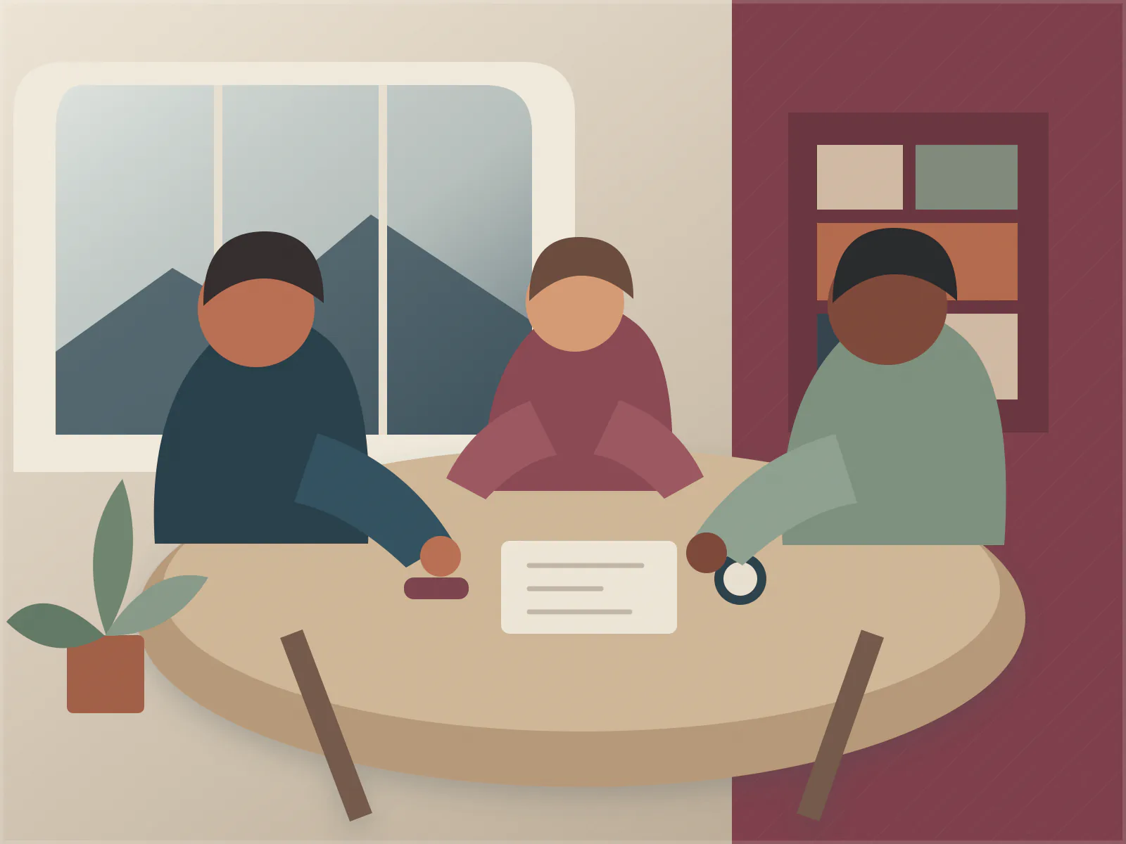 Illustration : trois personnes autour d’une table ronde, un document au centre.